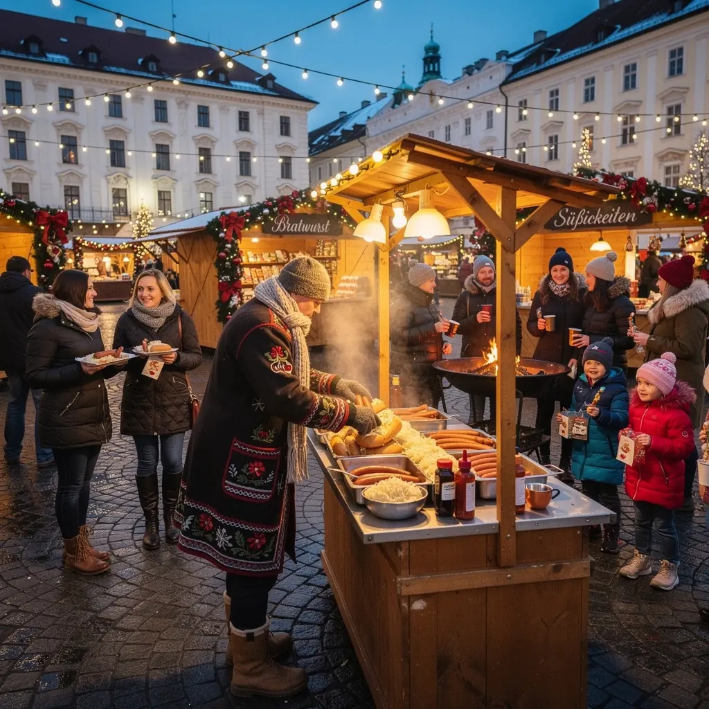 Eine Gruppe von Menschen, die an einem Food Truck verschiedene lokale Spezialitäten genießen.