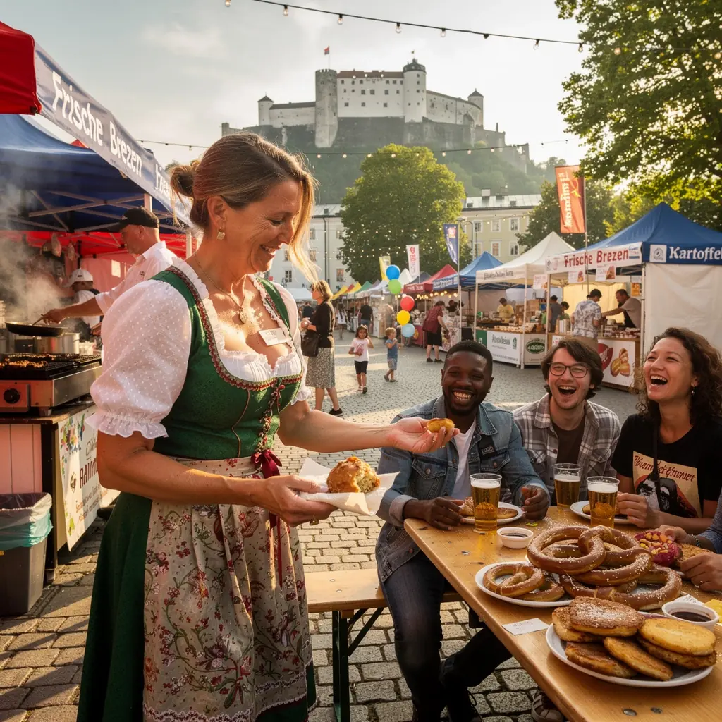Eine Gruppe von Menschen, die an einem Foodtruck stehen und verschiedene traditionelle österreichische Speisen probieren.