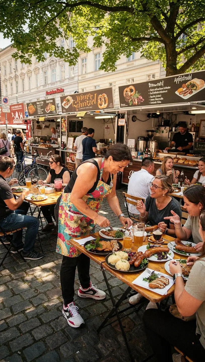 Ein Grillstand, an dem saftige Würstchen und frisches Gemüse über offenem Feuer zubereitet werden.