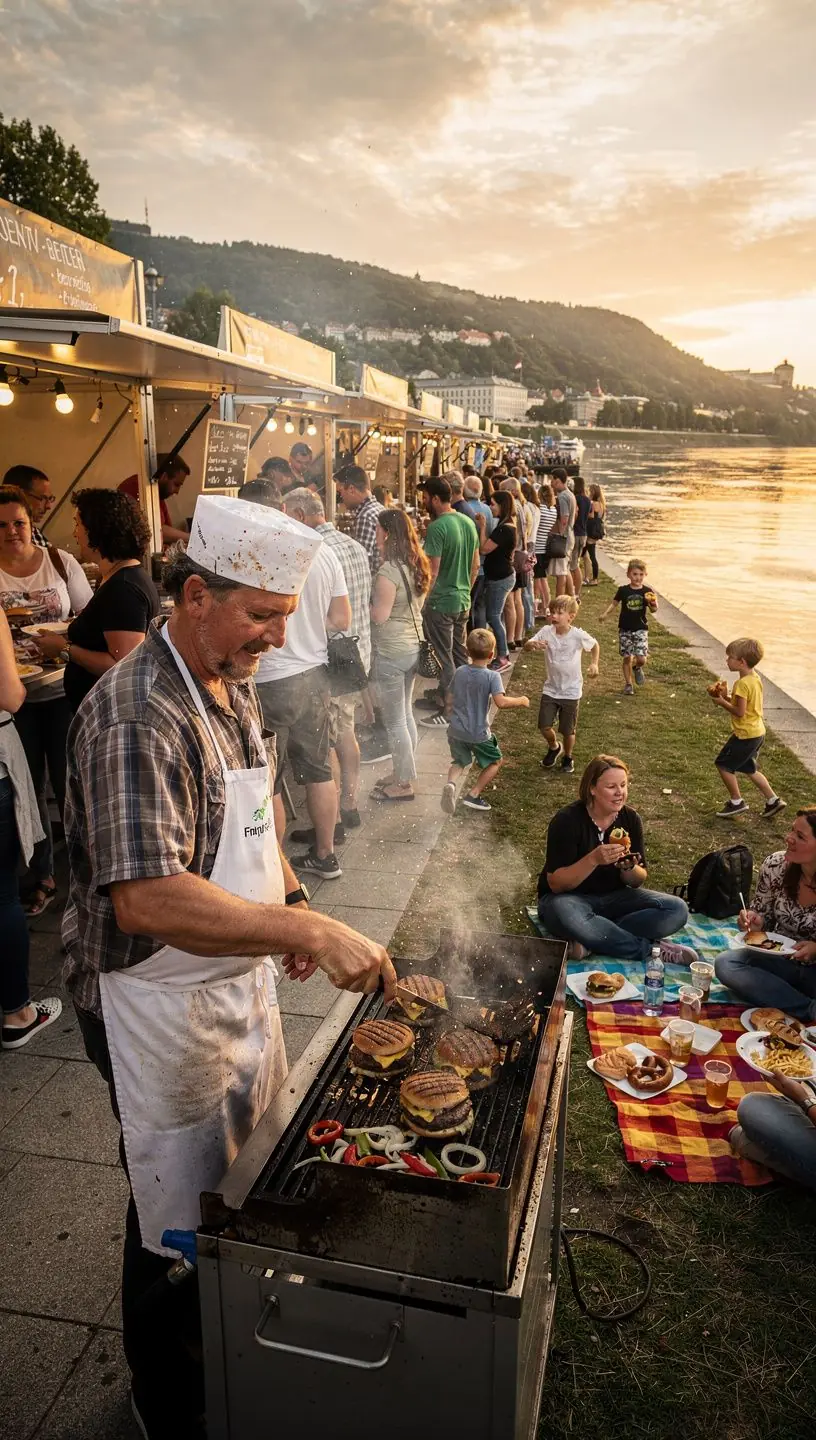 Ein Grill mit köstlichen Würstchen und Gemüse, das über offenem Feuer zubereitet wird.
