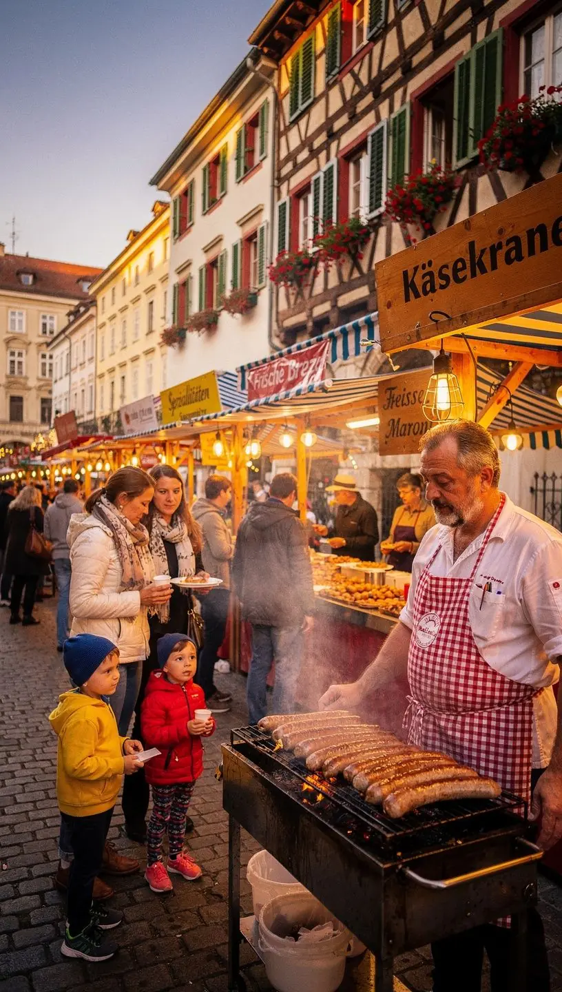 Ein bunter Marktstand mit frisch zubereiteten Straßenessen, darunter würzige Würstchen und knusprige Pommes frites.