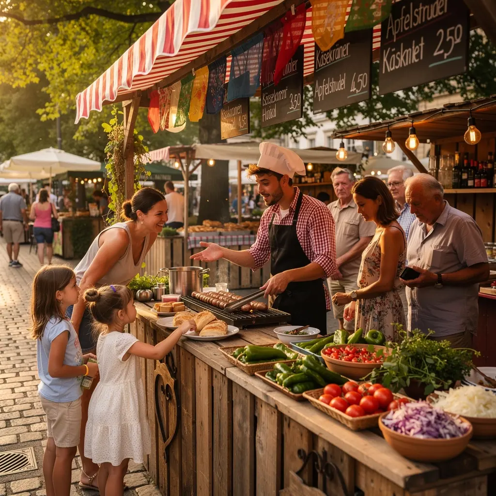 Ein geschäftiger Straßenmarkt mit bunten Ständen, die köstliche lokale Spezialitäten anbieten.