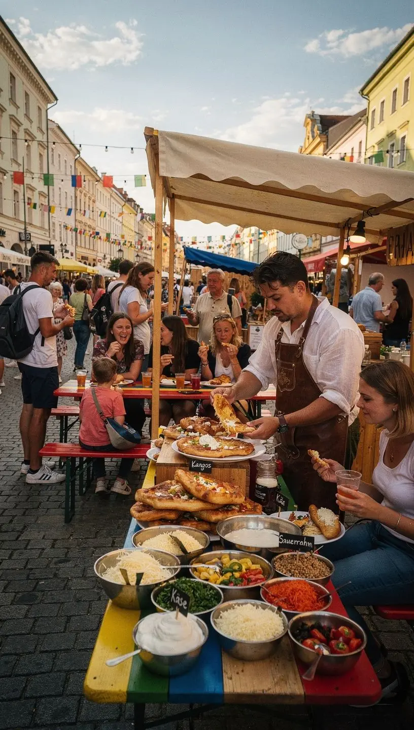 Ein Verkaufsstand mit traditionellen österreichischen Süßspeisen wie Apfelstrudel und Kaiserschmarrn.