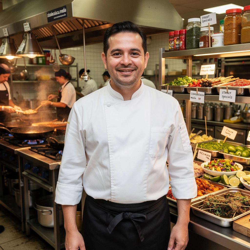 Ein Koch, der auf einem Markt eine WurstbrГ¶tchen zubereitet und dabei lГ¤chelt.